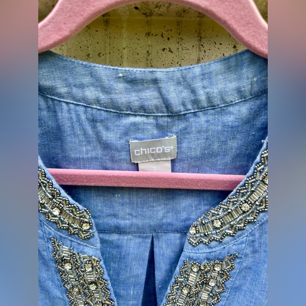 Chico’s ✨ Beaded Linen-Blend Dress ✨ Chambray Blue ✨ Size 3/XL - Picture 4 of 16